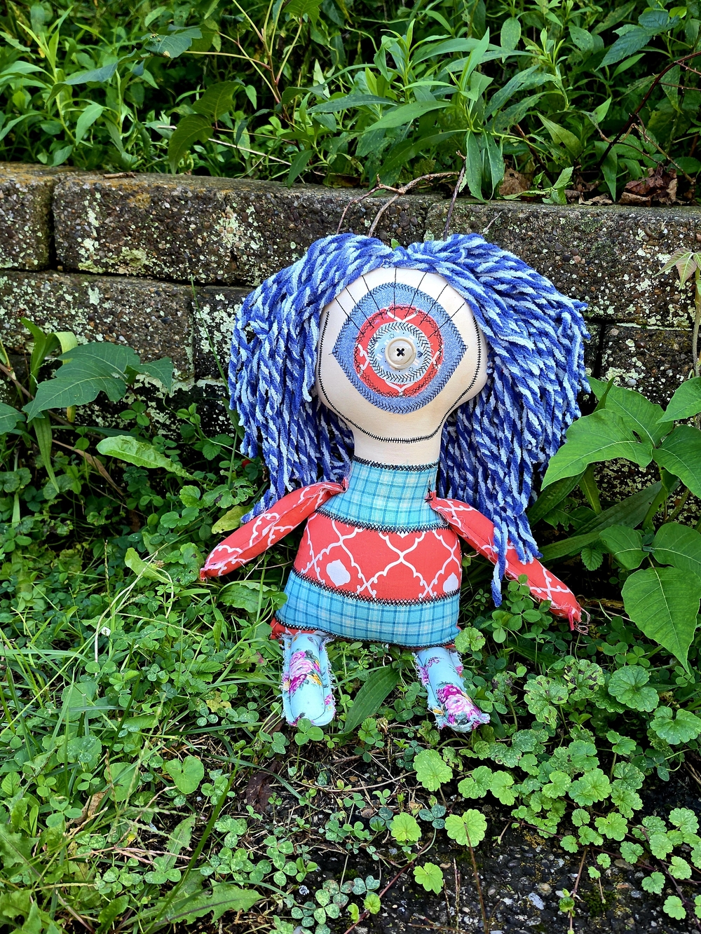 OOAK Handmade Art Doll Moxie Blue | Dumpster Dollies Creepy Cute Rag Doll